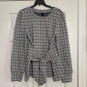 Ann Taylor Checkered Tie-Front Blouse - Gray and Teal Green